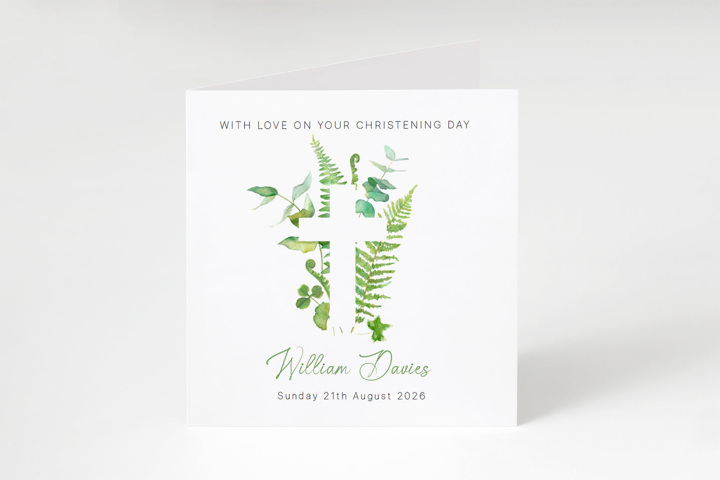 Personalised Christening Card for Boys or Girls – Green Botanical Cross Design with Custom Name and Date - Baptism Card for Son, Daughter, Grandson, Granddaughter, Nephew, Niece with Green Envelope
