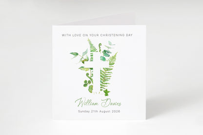 Personalised Christening Card for Boys or Girls – Green Botanical Cross Design with Custom Name and Date - Baptism Card for Son, Daughter, Grandson, Granddaughter, Nephew, Niece with Green Envelope