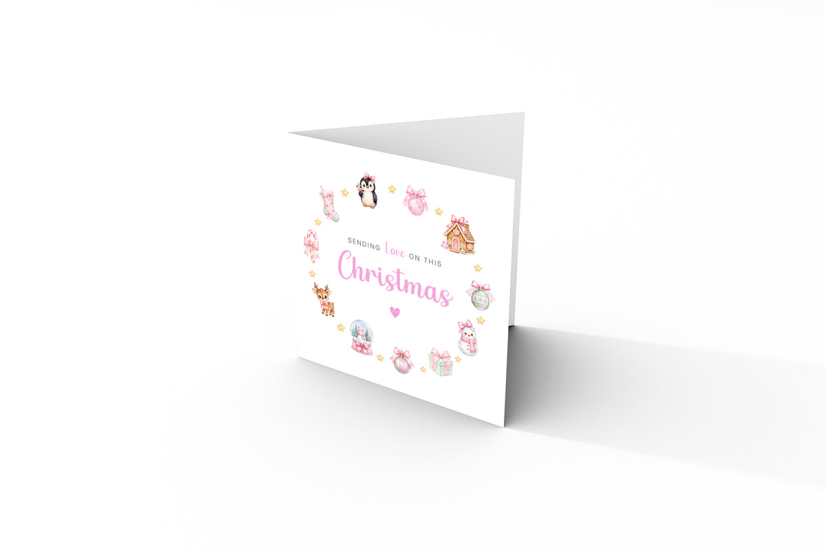 Pastel Pink Christmas Card for Girls – Cute Animals & Festive Xmas Design