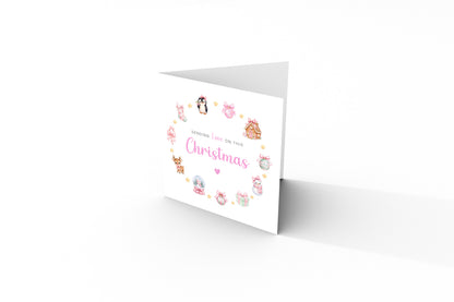 Pastel Pink Christmas Card for Girls – Cute Animals & Festive Xmas Design