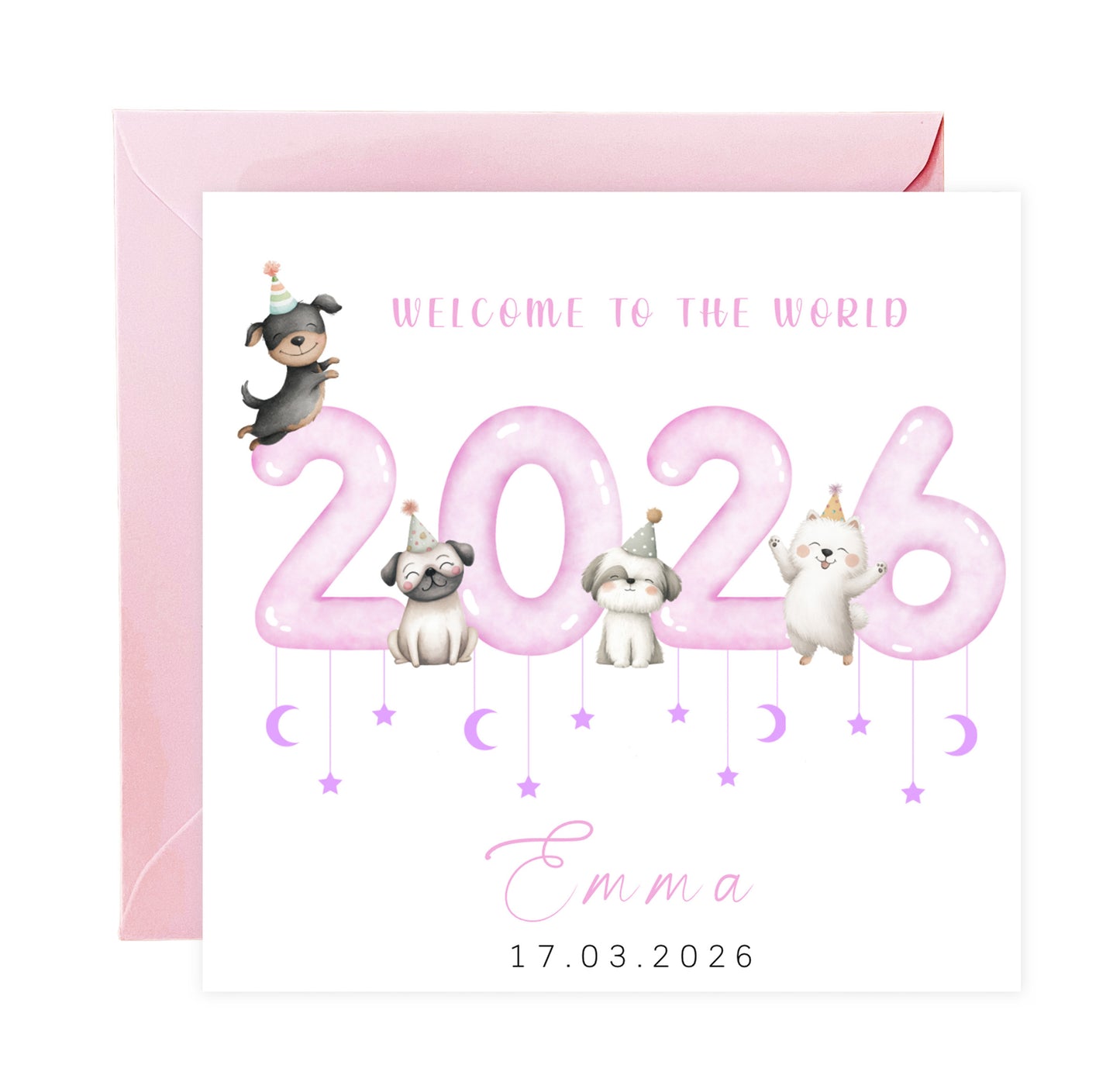 Personalised New Baby Girl Card Congratulations for Newborn Girl, Welcome To The World Card for Daughter, Granddaughter, Niece - Cute Puppy Dogs Design with Custom Name and Date with Pink Envelope
