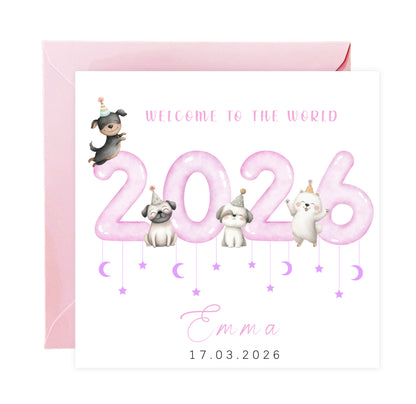 Personalised New Baby Girl Card Congratulations for Newborn Girl, Welcome To The World Card for Daughter, Granddaughter, Niece - Cute Puppy Dogs Design with Custom Name and Date with Pink Envelope