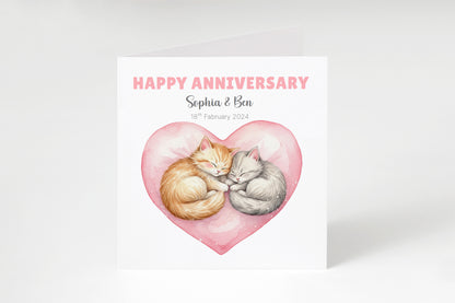 Personalised Cute Cats Anniversary Card - Custom Couple Names & Date for Wedding, 1st, 2nd,10th, 20th - For Cat Lovers, Him, Her, Wife, Husband - Pink Envelope Included