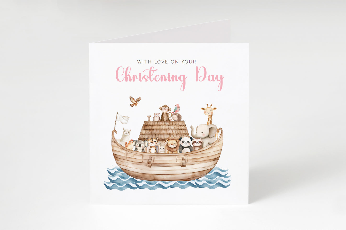 Christening Card for Girl – Noah's Ark and Cute Animals Design – With Love on Your Christening Day -  Religious Baptism Card for Girls, Daughter, Granddaughter, Niece with Pink Envelope