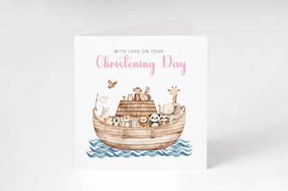 Christening Card for Girl – Noah's Ark and Cute Animals Design – With Love on Your Christening Day -  Religious Baptism Card for Girls, Daughter, Granddaughter, Niece with Pink Envelope