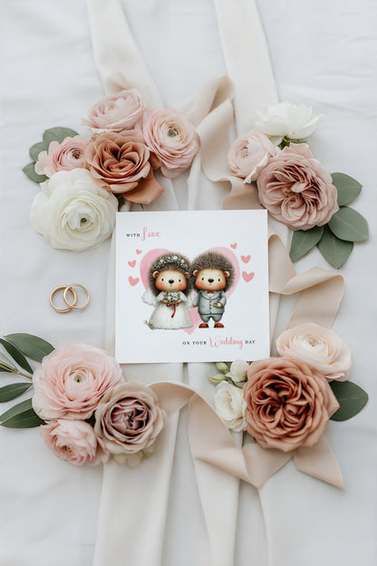 Cute Hedgehog Wedding Card – Wedding Congratulations Card – Adorable Animal Wedding Card – Romantic Wedding Day Card for Newlywed couples, Animal Lovers, Him or Her – Pink Envelope Included