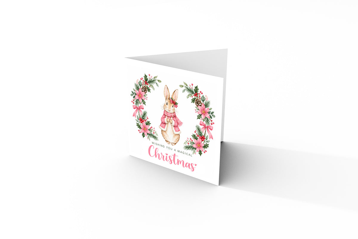 Merry Christmas Card for Girls – Pink Festive Bunny and Xmas Wreath