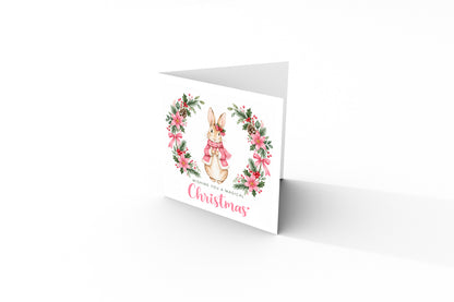 Merry Christmas Card for Girls – Pink Festive Bunny and Xmas Wreath