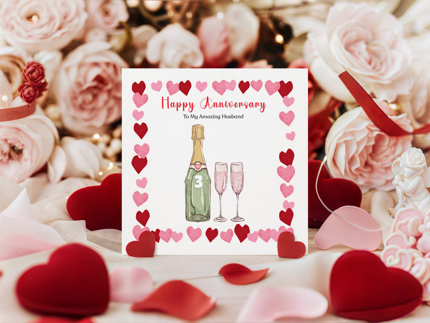 Personalised Anniversary Card - Elegant Prosecco Design - Custom Message and Years of Anniversary  for Wedding, Relationship, Him, Her, Wife, Husband, Partner, Couple - Pink Envelope Included