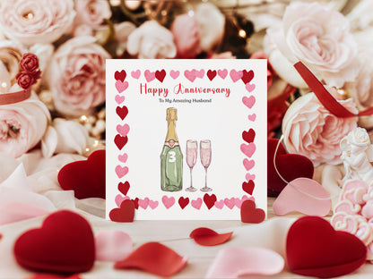 Personalised Anniversary Card - Elegant Prosecco Design - Custom Message and Years of Anniversary  for Wedding, Relationship, Him, Her, Wife, Husband, Partner, Couple - Pink Envelope Included