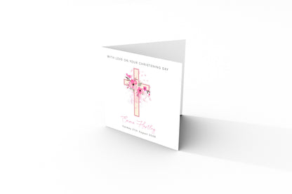 Personalised Christening Card for Girl – Custom Baptism Card with Name & Date - Floral Cross Design – Religious Baptism Card for Girls, Daughter, Granddaughter, Niece - Pink Envelope Included