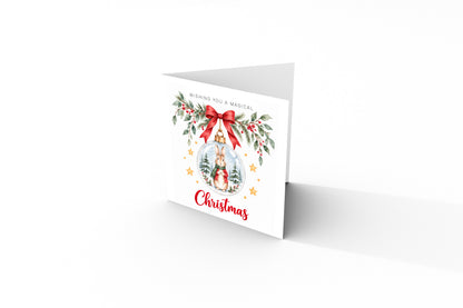 Festive Christmas card for Boys – Red Bunny in a Christmas Bauble