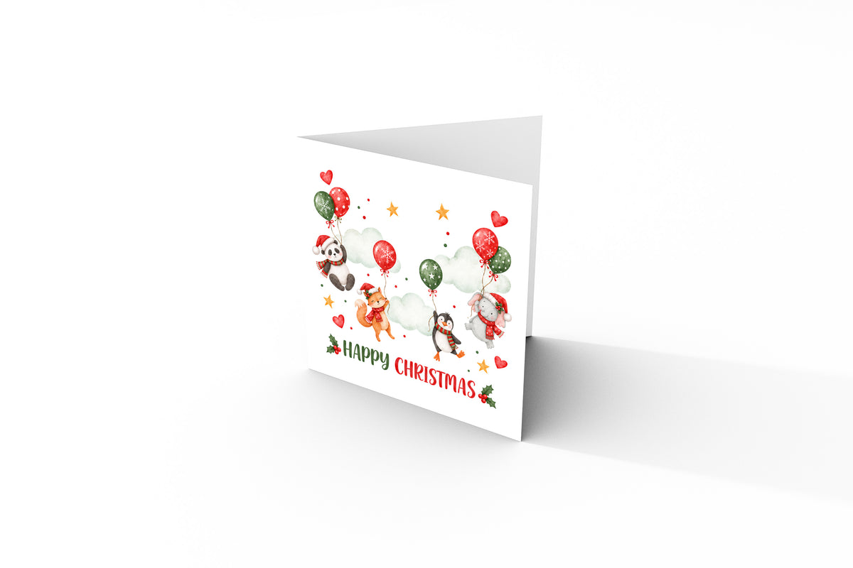 Cute Animal Christmas Card – Panda, Fox, Penguin & Elephant