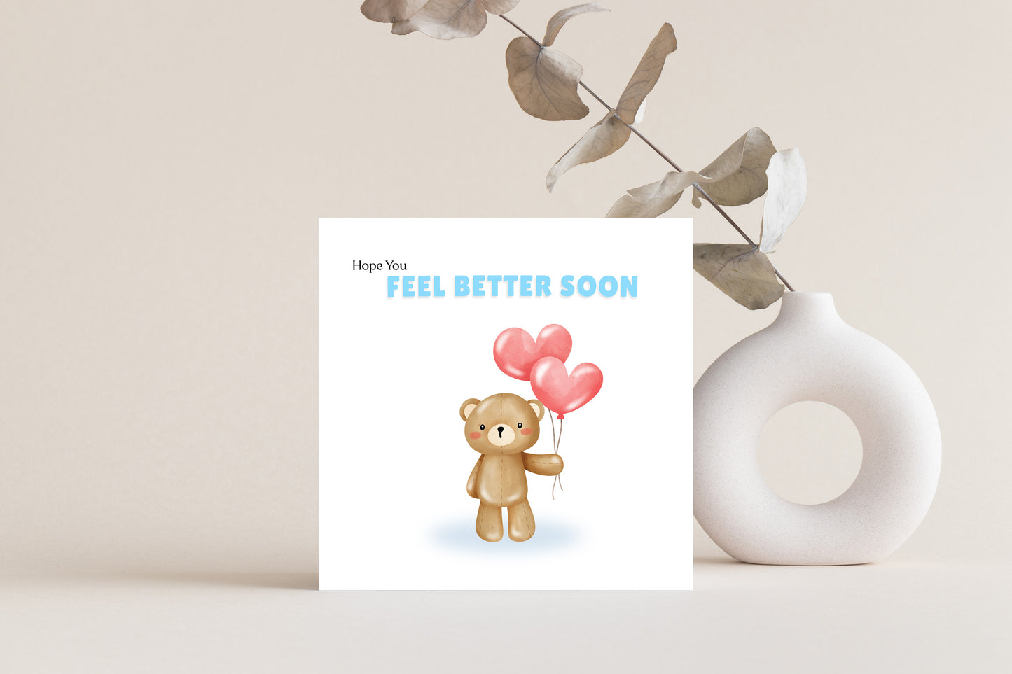Hope You Feel Better Soon Card – Cute Teddy Bear with Heart Balloons – Get Well Soon Greeting Card – Encouragement Card for Kids, Adults, Friends, Coworkers and loved ones - Blue Envelop Included