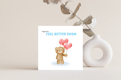 Hope You Feel Better Soon Card – Cute Teddy Bear with Heart Balloons – Get Well Soon Greeting Card – Encouragement Card for Kids, Adults, Friends, Coworkers and loved ones - Blue Envelop Included