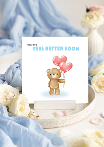 Hope You Feel Better Soon Card – Cute Teddy Bear with Heart Balloons – Get Well Soon Greeting Card – Encouragement Card for Kids, Adults, Friends, Coworkers and loved ones - Blue Envelop Included