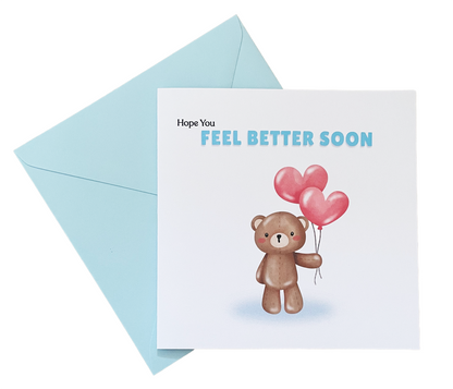 Hope You Feel Better Soon Card – Cute Teddy Bear with Heart Balloons – Get Well Soon Greeting Card – Encouragement Card for Kids, Adults, Friends, Coworkers and loved ones - Blue Envelop Included