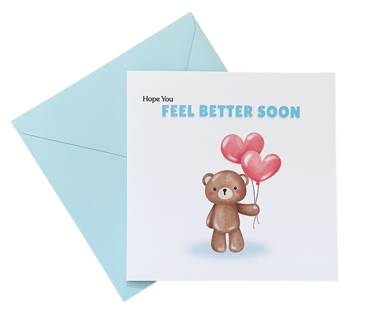 Hope You Feel Better Soon Card – Cute Teddy Bear with Heart Balloons – Get Well Soon Greeting Card – Encouragement Card for Kids, Adults, Friends, Coworkers and loved ones - Blue Envelop Included