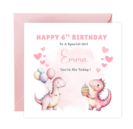 Personalised 6th Birthday Card for Girls – Cute Dinosaurs Design with Custom Name and Message – Age 6 Years Old Birthday Card for Girls, Kids, Daughter, Granddaughter, Niece – Pink Envelope Included