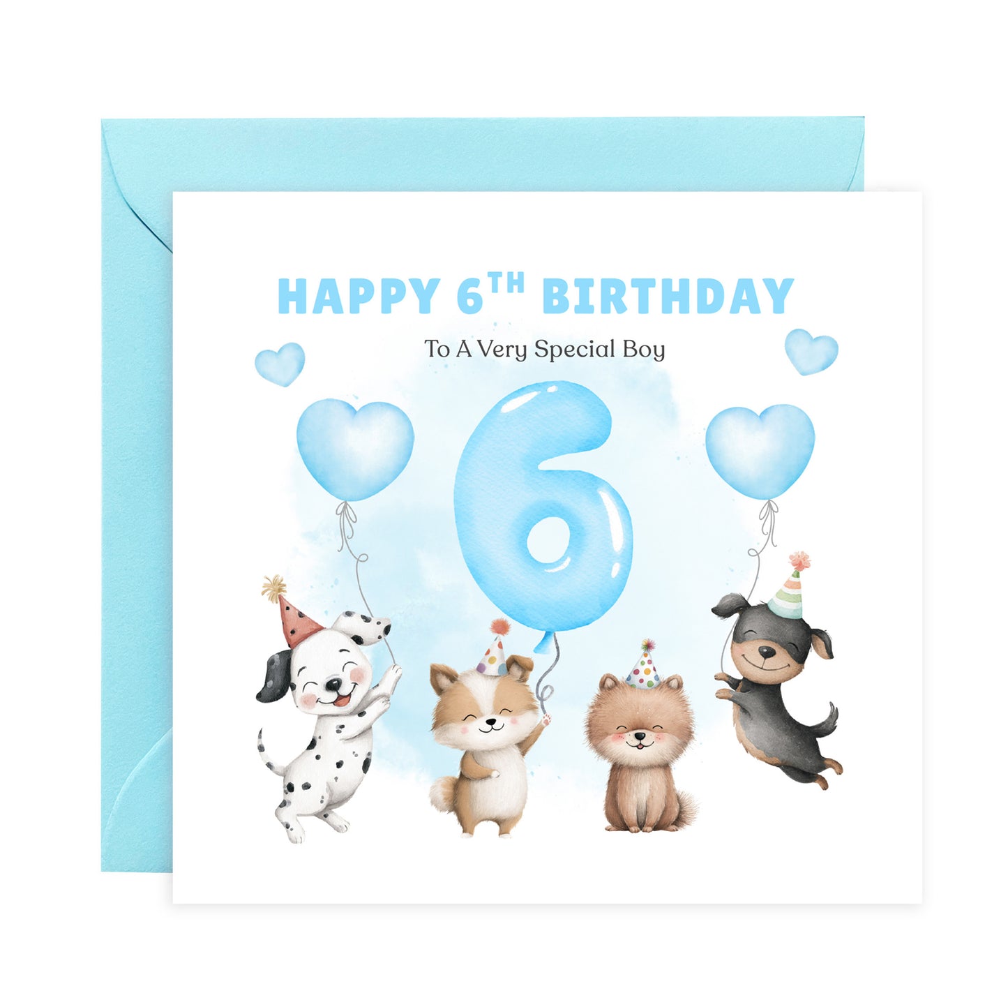Happy 6th Birthday Card for Boys - Cute Puppy Dogs and Balloon Design - Cute Birthday Card for Age 6 Years Old Boy, Kids, Children, Boy, Son, Grandson, Nephew– Blue Envelope Included