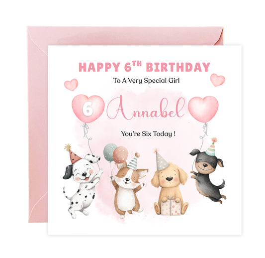 Personalised 6th Birthday Card for Girls – Cute Puppy Dogs Design with Custom Name and Message – Age 6 Years Old Birthday Card for Girls, Kids, Daughter, Granddaughter, Niece – Pink Envelope Included