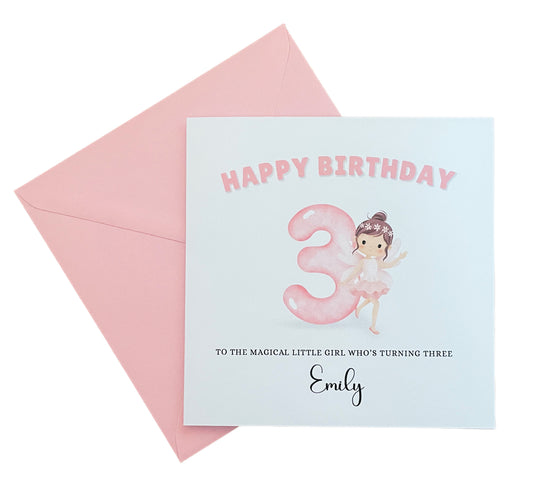 Fairy -Personalised Watercolour Style 3 Year Old Birthday Folded Card for Girls who loves Fairy Tales, Custom Name and Message Happy 3rd Birthday Card, Customisable Birthday Card for Children