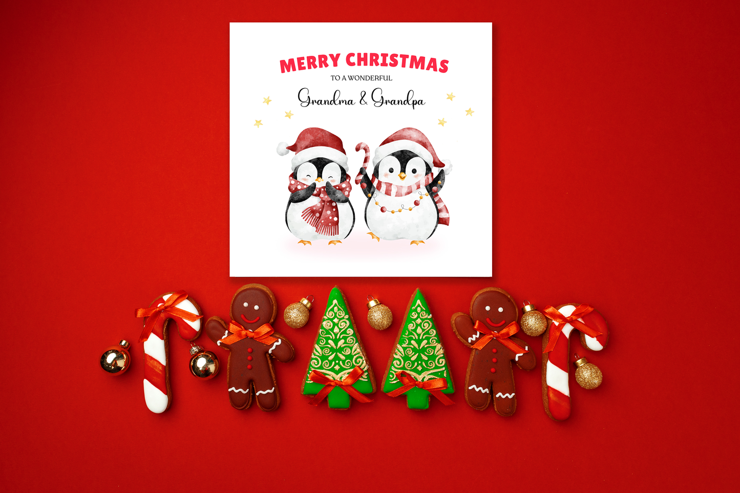 Personalised Christmas Card – Cute Penguin Design – Festive Xmas Holiday Greeting Card for Parents, Grandparents, Uncle & Auntie – One – Red Envelope Included