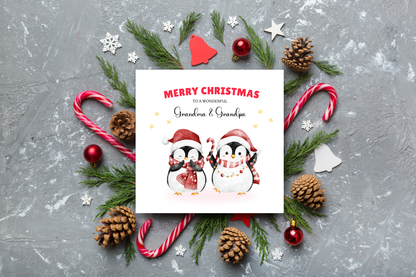 Personalised Christmas Card – Cute Penguin Design – Festive Xmas Holiday Greeting Card for Parents, Grandparents, Uncle & Auntie – One – Red Envelope Included