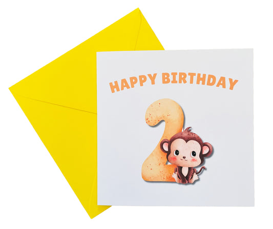 Little Monkey with Big Number 2- 2rd Birthday Card for Toddler - 2 Years Old Birthday Card for Baby Boy, Son, Grandson, Nephew, Children's Birthday Card – Yellow Envelope Included