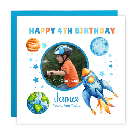 Personalised Photo 4th Birthday Card for Boys – Space-Themed Design with Custom Name and Message, Age 4 Years Old Birthday Card for Kids, Children, Boy, Son, Grandson, Nephew – Blue Envelope Included