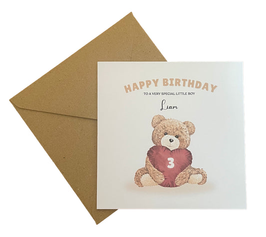 Teddy Bear with Heart-shaped Balloon-Personalised Birthday Folded Card for Boys, Custom Name, Age and Message, Watercolour Effect Happy Birthday Card, Any Age Birthday, 1st 2nd 3rd 4th 5th 6th 7th 8th 9th 10th, Customisable Birthday Card for Children