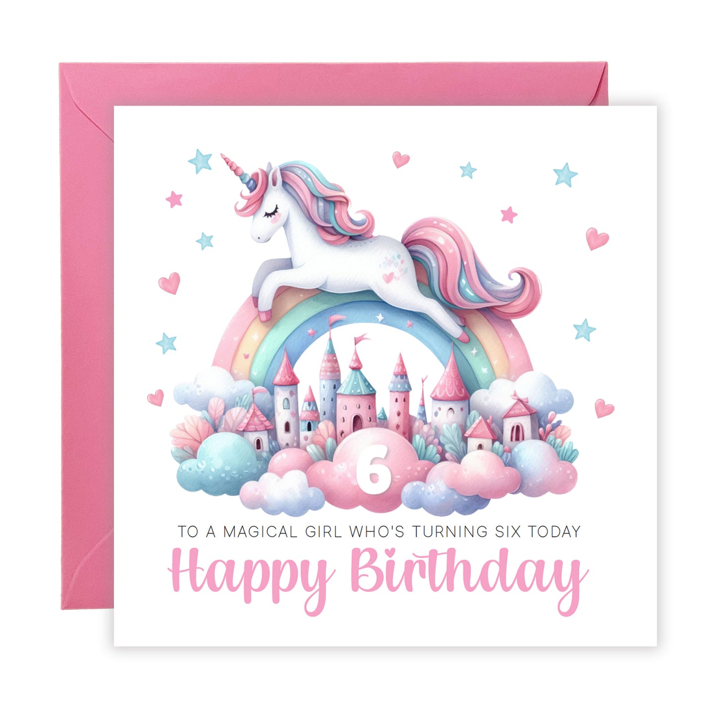 Magical Birthday Card for 6 Years Old 6th Birthday Girls – Sweet Unicorn and Rainbow Design - Age 6 Birthday Card for Kids Children Daughter Granddaughter Niece - Pink Envelope Included