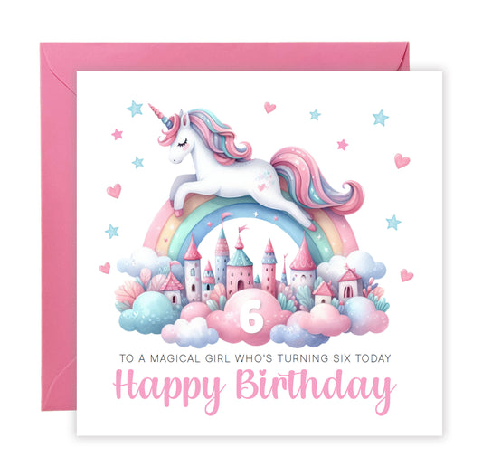 Magical Birthday Card for 6 Years Old 6th Birthday Girls – Sweet Unicorn and Rainbow Design - Age 6 Birthday Card for Kids Children Daughter Granddaughter Niece - Pink Envelope Included