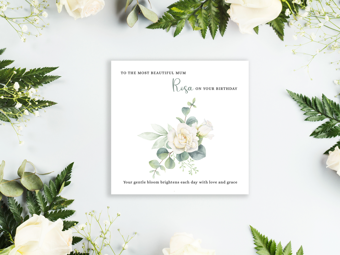 Personalised Mum Birthday Card – Elegant White Rose Flower Design – Custom Name & Message – Handmade Floral Watercolour Card for Mother, Mummy, Mam – Green Envelope Included