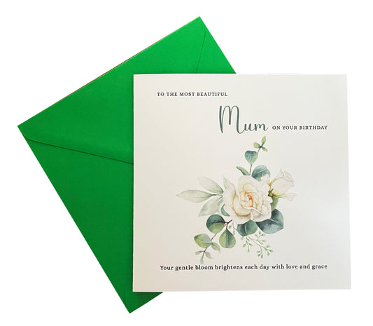 Rose Floral Birthday Card – Watercolour Flowers for Mum or Mother - Green Envelope Included