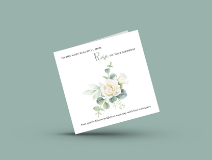 Personalised Mum Birthday Card – Elegant White Rose Flower Design – Custom Name & Message – Handmade Floral Watercolour Card for Mother, Mummy, Mam – Green Envelope Included