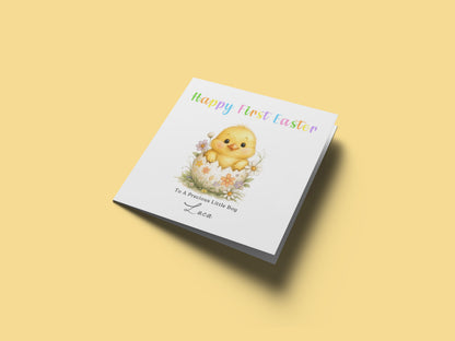 Personalised 1st Happy Easter Card for Baby Girl, Baby Boy with Custom Name and Message - Cute Fluffy Chick Design - First Easter Card for Grandkids, Nephew, Niece, Kids, Little One with Yellow Envelope