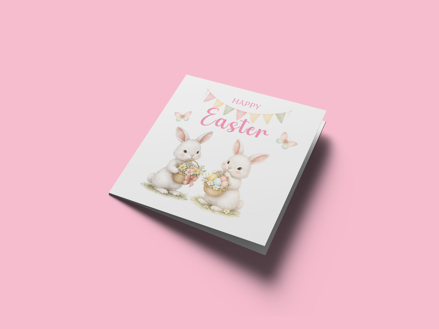 Happy Easter Card with Two Bunnies Design for Girls,  Mum, Grandma, Auntie, Daughter, Granddaughter, Niece, Baby Girl, Little One – Pink Envelope Included