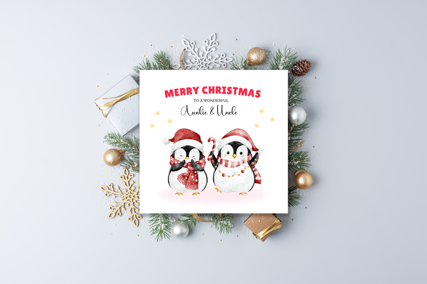 Personalised Christmas Card – Cute Penguin Design – Festive Xmas Holiday Greeting Card for Parents, Grandparents, Uncle & Auntie – One – Red Envelope Included