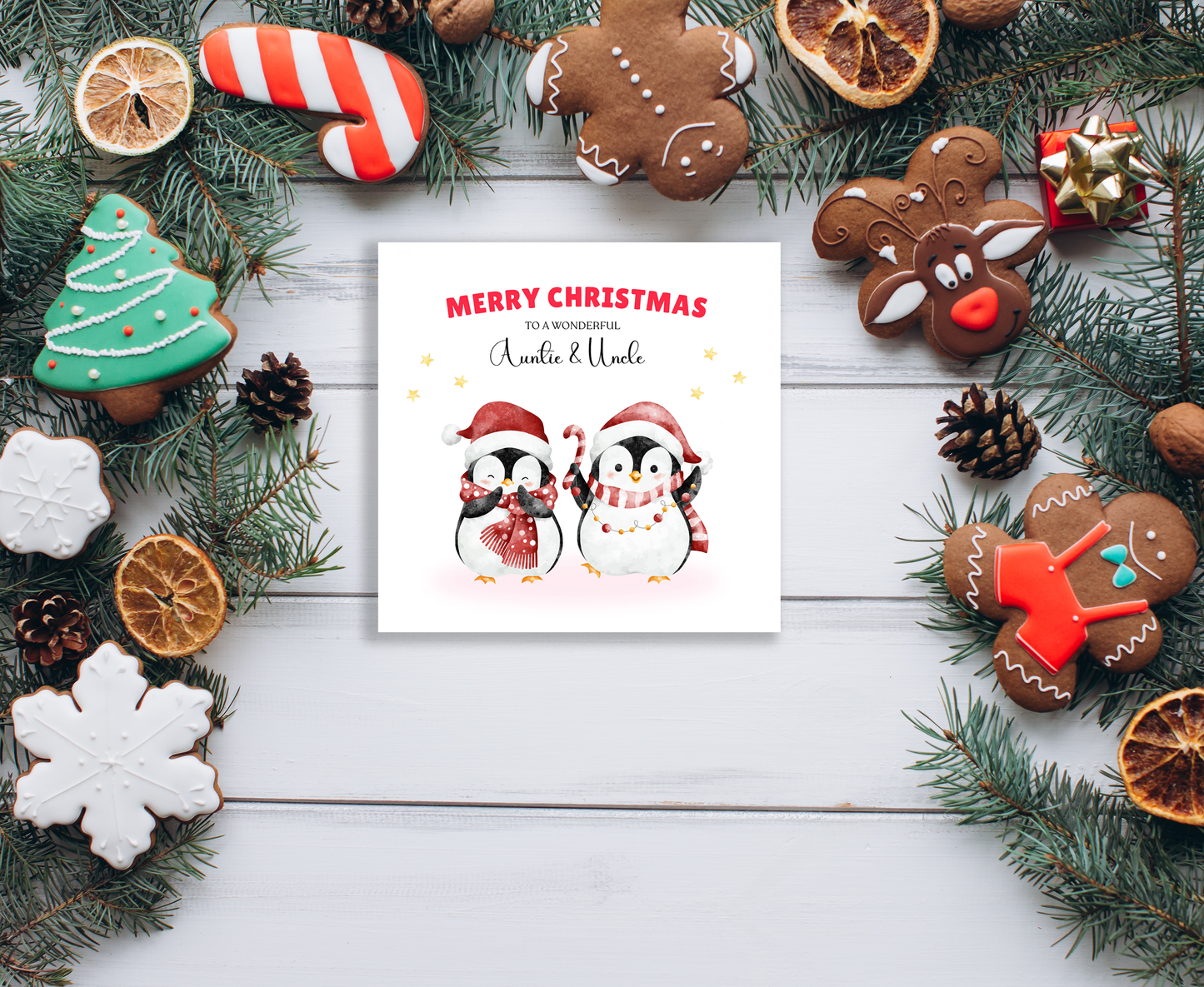 Personalised Christmas Card – Cute Penguin Design – Festive Xmas Holiday Greeting Card for Parents, Grandparents, Uncle & Auntie – One – Red Envelope Included