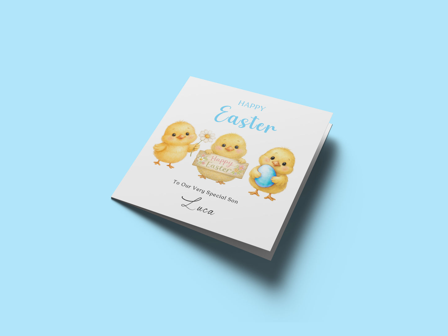 Personalised Happy Easter Card for Boys with Custom Name and Message - Cute Baby Chick Design for Son, Grandson, Nephew, Kids, Boy, Baby boy, Little One – Blue Envelope Included