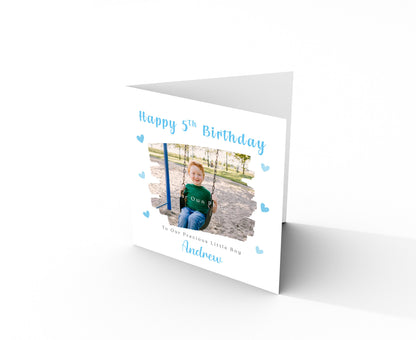 Personalised Photo 5th Birthday Card for Boys – Brush Stroke Frame with Custom Photo, Name & Message, Age 5 Years Old Fifth Birthday Card for Kids, Son, Grandson, Nephew –  Blue Envelope Included