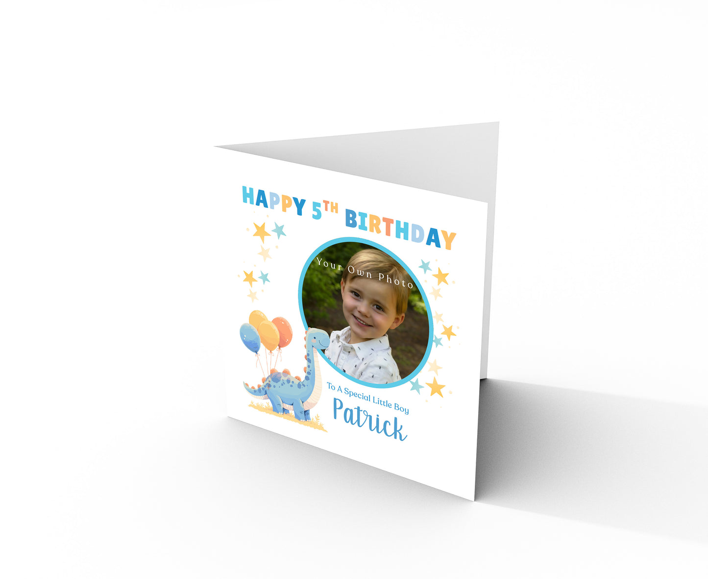Personalised Photo 5th Birthday Card for Boys – Diplodocus Dinosaur Design with Custom Photo, Name & Message for Age 5 Years Old, Fifth Birthday Kids, Son, Grandson, Nephew –  Blue Envelope Included