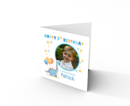 Personalised Photo 5th Birthday Card for Boys – Diplodocus Dinosaur Design with Custom Photo, Name & Message for Age 5 Years Old, Fifth Birthday Kids, Son, Grandson, Nephew –  Blue Envelope Included
