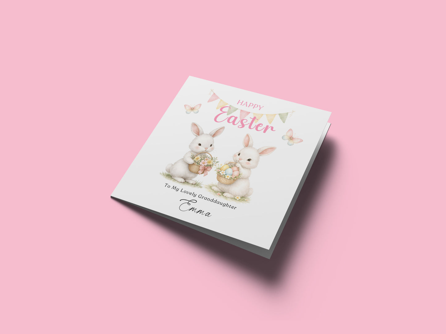 Personalised Happy Easter Card with Custom Name and Message - Two Bunnies Design for Girls,  Mum, Grandma, Auntie, Daughter, Granddaughter, Niece, Baby Girl, Little One – Pink Envelope Included