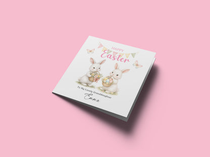 Personalised Happy Easter Card with Custom Name and Message - Two Bunnies Design for Girls,  Mum, Grandma, Auntie, Daughter, Granddaughter, Niece, Baby Girl, Little One – Pink Envelope Included
