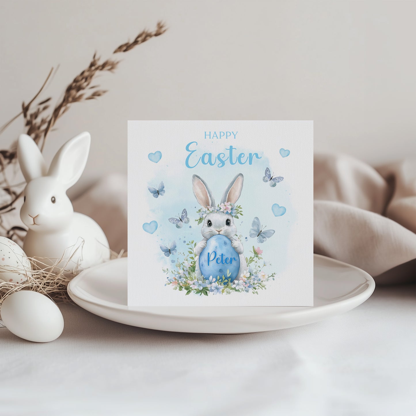Personalised Happy Easter Bunny Card for Boys with Custom Name - Easter Rabbit and Egg Design for Son, Grandson, Nephew, Kids, Boy, Baby boy, Little One – Blue Envelope Included