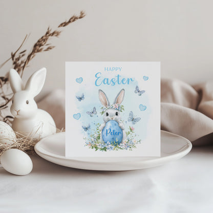 Personalised Happy Easter Bunny Card for Boys with Custom Name - Easter Rabbit and Egg Design for Son, Grandson, Nephew, Kids, Boy, Baby boy, Little One – Blue Envelope Included
