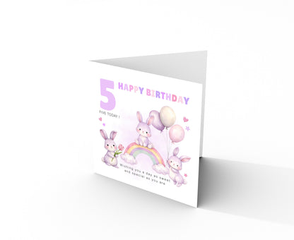 Purple Bunny 5 Years Old 5th Birthday Card for Girls – Lilac Rabbit Design with Sweet Message - Age 5 Girl, Kids,Children, Daughter, Granddaughter, Niece - Purple Envelope Included