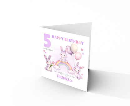 Personalised Bunny 5 Years Old 5th Birthday Card for Girls – Purple Rabbit Design with Custom Name & Message - Age 5 Girl, Kids,Children, Daughter, Granddaughter, Niece - Purple Envelope Includeder Niece - Pink Envelope Included